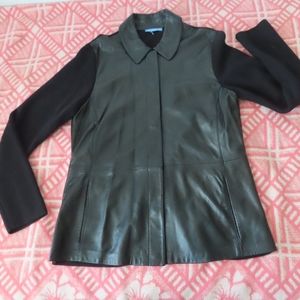 White + Warren Lambskin Leather Paneled Wool Ribbed Knit Zip Jacket no size